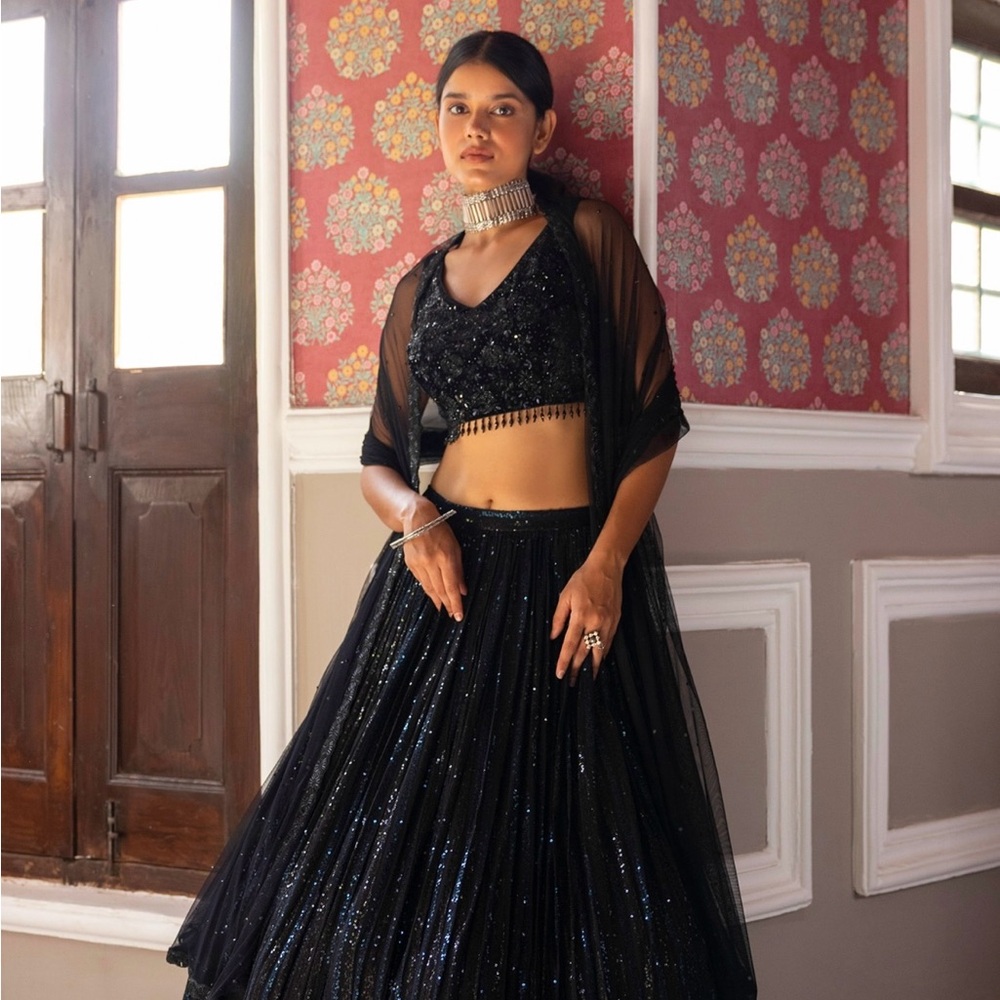 Black Blouse Velvet Embroidered Sequins V Neck Lehenga Set